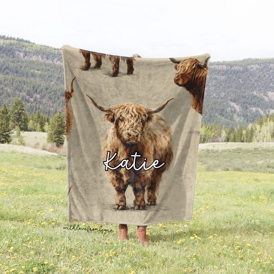 Personalized Highland Cow Blanket | Custom Name Gift for Highland Cow Lovers