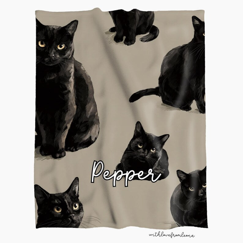 Personalized Black Cat Blanket | Custom Name Gift for Black Cat Lovers