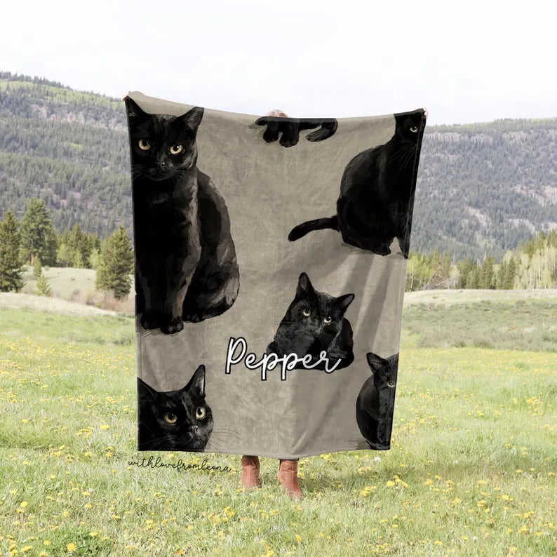 Personalized Black Cat Blanket | Custom Name Gift for Black Cat Lovers