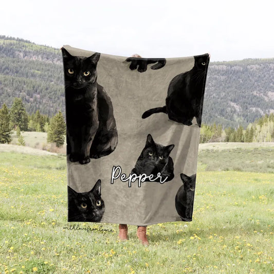 Personalized Black Cat Blanket | Custom Name Gift for Black Cat Lovers