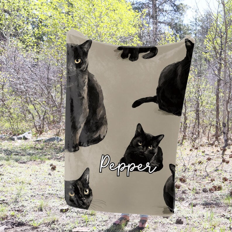 Personalized Black Cat Blanket | Custom Name Gift for Black Cat Lovers