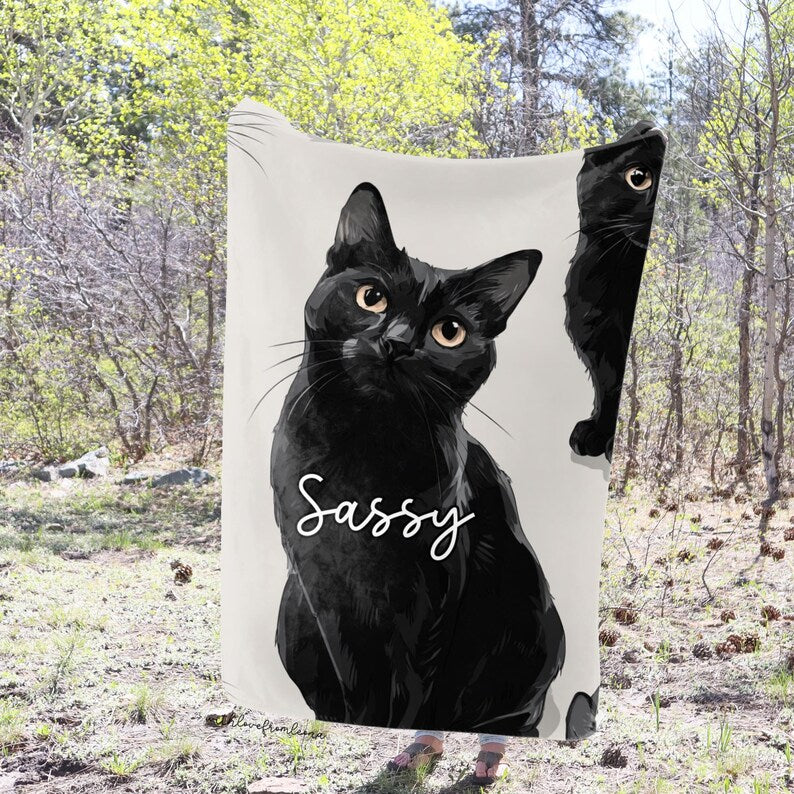 Personalized Black Cat Blanket | Custom Name Gift for Black Cat Lovers