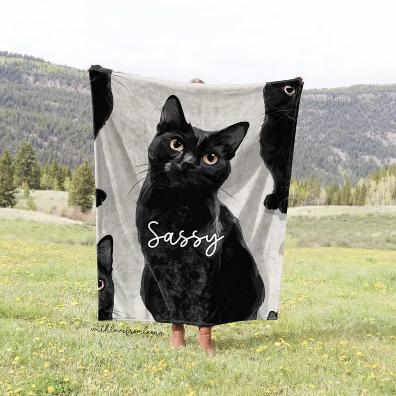 Personalized Black Cat Blanket | Custom Name Gift for Black Cat Lovers