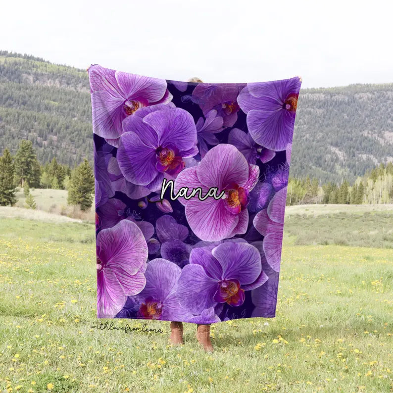 Personalized Purple Orchids Blanket | Custom Name Gift for Orchid Lovers