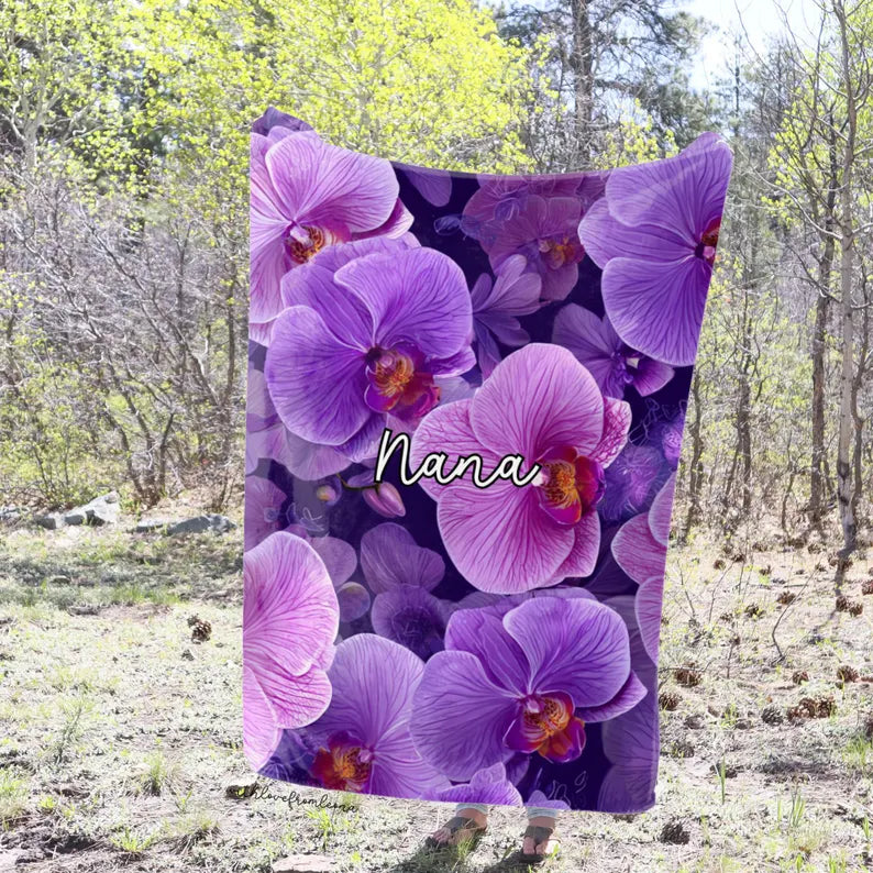 Personalized Purple Orchids Blanket | Custom Name Gift for Orchid Lovers