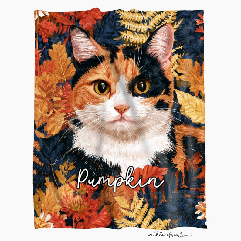 Personalized Calico Aegean Cat Fall Blanket | Custom Name Gift for Cat Lovers