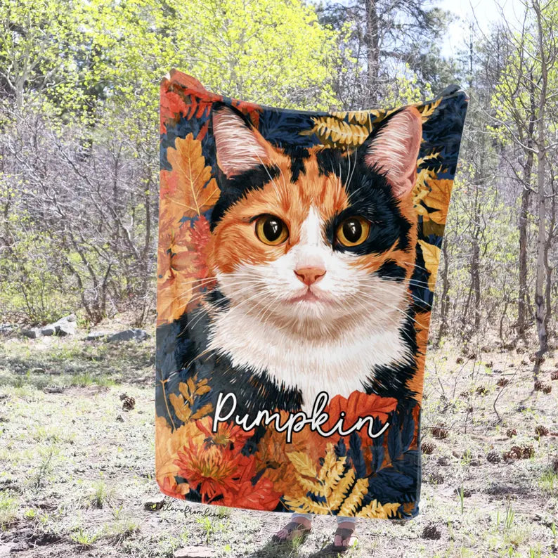 Personalized Calico Aegean Cat Fall Blanket | Custom Name Gift for Cat Lovers
